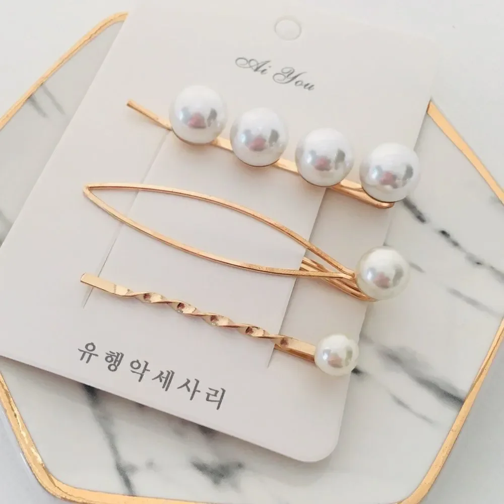 Set of 3 Pearl Gold Tone Hair Pins Barrettes NWT